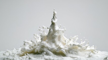 A dynamic splash of milk creates a striking, abstract shape against a white backdrop.