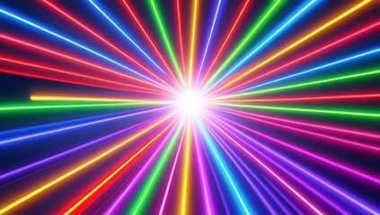 Abstract Rainbow Laser Light Background: Central Burst of Vibrant Neon Rays for Party Graphics, Technology, Music Events, and Dynamic Digital Design Projects.