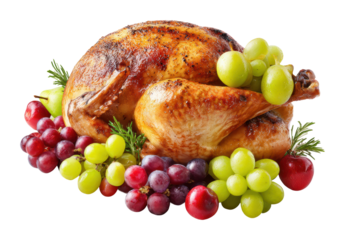 Thanksgiving feast roasted turkey with grapes kitchen food isolated on transparent background