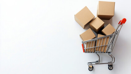 Miniature shopping cart loaded with cardboard delivery packages, symbolizing digital marketplace and e-commerce retail services