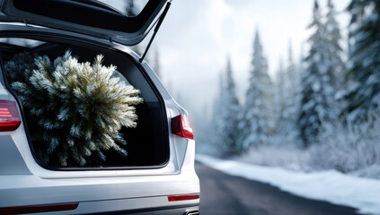 Car carrying christmas tree in trunk, driving on a snowy winter road through a forest for holiday celebration