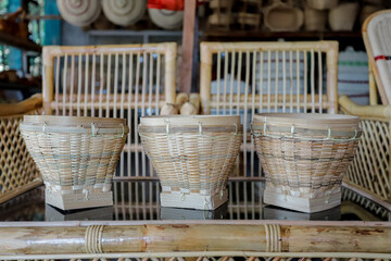 traditional market with goods made from rattan, bamboo and palm leaves.