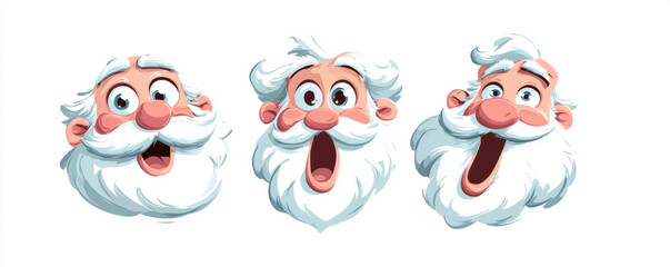 Cartoon faces of an elderly man with white hair and beard expressing various emotions of surprise and joy