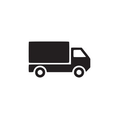 A simple black and white illustration of a delivery truck with a rectangular cargo container on the back