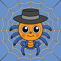 Vector art of cute spider wearing a hat on a spiderweb background for halloween party