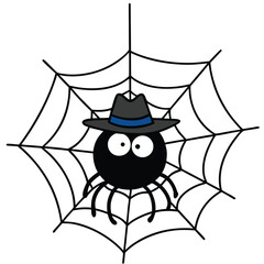 Vector art of cartoon spider wearing a hat in a spiderweb