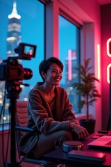 Young woman records a video in a studio with city view