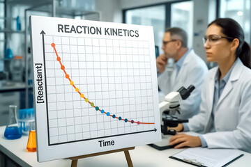 반응속도론 그래프, 남녀 연구원이 있는 실험실 배경(전문용어 포함)-Reaction kinetics graph, laboratory background with male and female researchers (including technical terms)