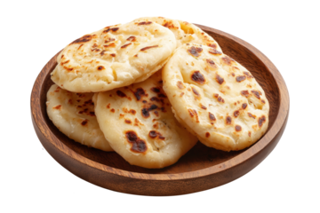 Grilled arepas plain sandwich filled with melted cheese and ground beef on wooden plate, isolated on white transparent background, concept of Latin street food