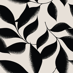 Abstract black hand drawn floral botanical leaves seamless pattern with spray texture.