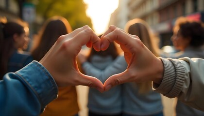 A diverse group of friends outdoors, making a heart shape with their hands to celebrate friendship and unity in the city