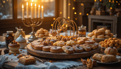 Obraz premium Festive table with Hanukkah donuts and candles, cozy atmosphere during holiday gathering