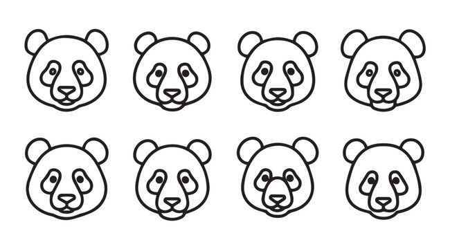 Cute panda head collection simple line art icons adorable bear faces expressive emotions vector