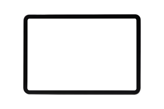 tablet pc on white background,
Sleek modern tablet front view with matte black bezel and blank white screen on white background