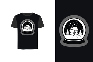 Stylized Tshirt mockup snow globe with house trees graphic t shirt winter