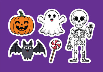 Cute Halloween Sticker Set – Ghost, Pumpkin, Skeleton, Bat, and Candy Vector Illustration