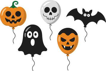 Halloween Balloon Set – Pumpkin, Ghost, Skull, Bat, and Vampire Vector Illustration Collection