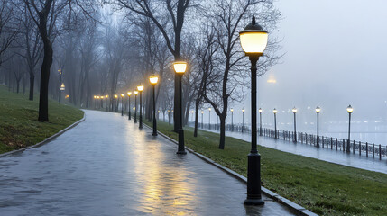 Glowing street lamps illuminate misty park pathway, creating serene and enchanting atmosphere