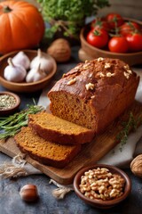 Sliced pumpkin bread with seeds and nuts on rustic wooden background. Pumpkin Bread with Nuts, concept of autumn baking