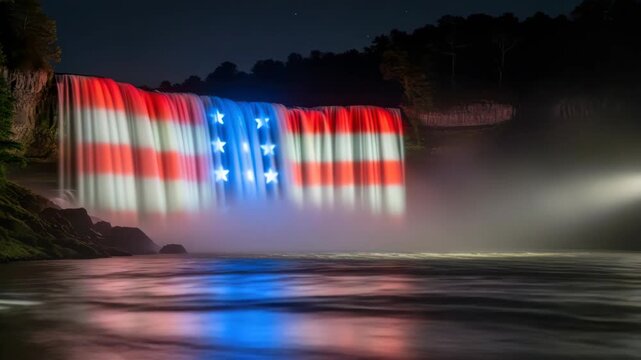 Patriotic spectacle: Majestic waterfall display illuminated with the american flag colors