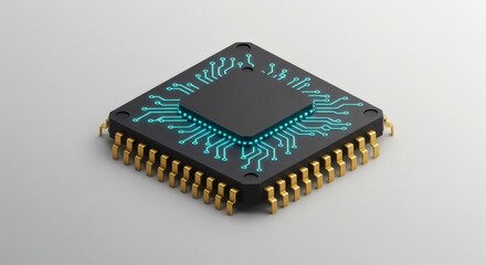 Detailed 3D render of a powerful microchip, featuring glowing blue connections on a dark square, embodying digital progress, innovation, and computing infrastructure