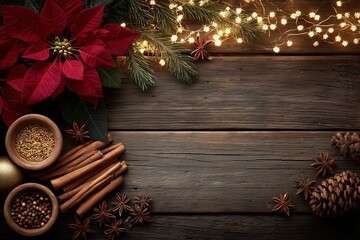 Festive christmas arrangement with poinsettia, lights, and spices on rustic wooden table