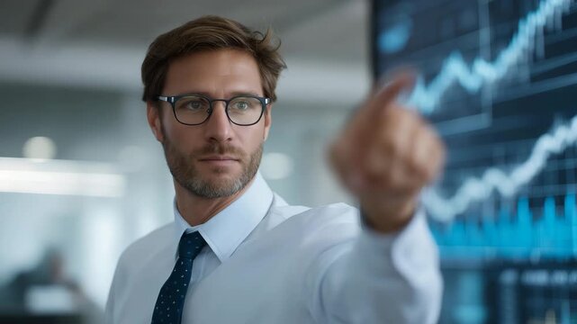 Executive examining 3D holographic graphs and digital dashboards displaying stocks, real estate, and assets, representing wealth management, modern financial planning, portfolio diversification,