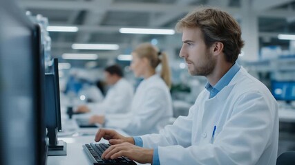 High-tech laboratory where scientists use holographic tools under neon lighting to edit genetic sequences with AI-powered systems, symbolizing futuristic biotechnology, genome innovation, and - Powered by Adobe