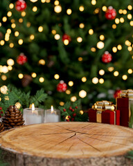 A stump wooden table with present gift box, candles and pinecones in front of lighting Christmas tree.