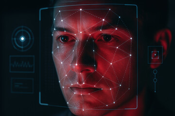 Man's face scanned by facial recognition technology, red lighting accentuates features.