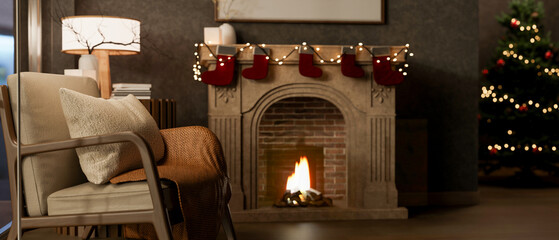 Fireplace with stocking socks and string lights aside wooden chair and Christmas tree in living room
