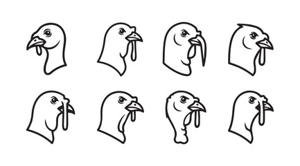Eight line art stylized turkey head illustrations for thanksgiving and farm animal themes vector