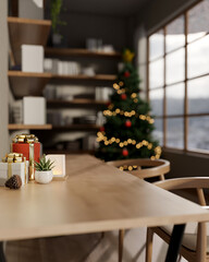 Gift box presents with lamp and pot plant on wooden table aside Christmas tree with snowing outside.