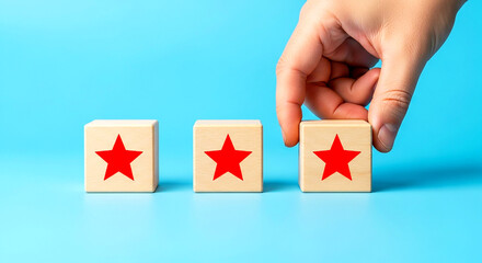 Rating System Wooden Blocks with Red Stars Hand Placing Fourth Star Service Evaluation Feedback Client Review Blue