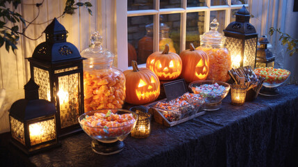 Atmospheric halloween candy bar set up for a party or trick-or-treat. Features glowing jack-o'-lanterns, glass jars of orange candy, and spooky black lanterns on a dark table cloth by a window