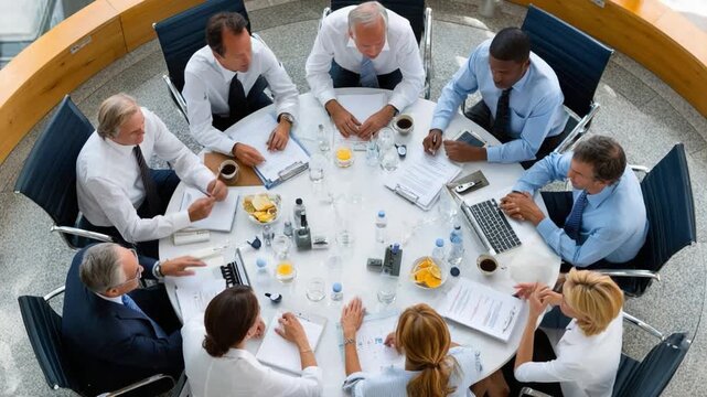 Boardroom Collaboration: An overhead shot of a diverse group of professionals gathered around a round table, engaged in a focused meeting.