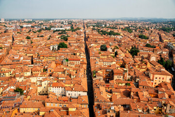 Aerial view of the historic center of Bologna, Italy. Architecture of ancient houses in Bologna. Rome architecture and landmark.