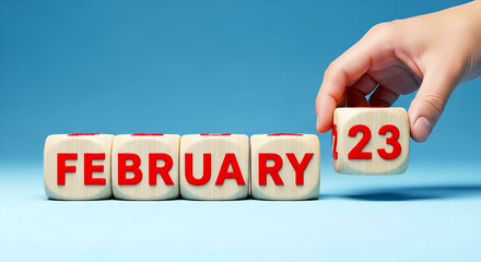 February 23rd Block Date Hand Holding Wooden Cube Calendar Reminder Date Month Twenty Three Save Date Event Planning