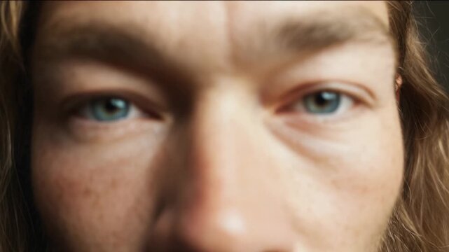 Close-up of blue-eyed person, intimate gaze with long hair, introspective mood suggesting contemplation, self-reflection or mindfulness