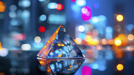 Stunning inverted pyramid sculpture reflects vibrant city lights, creating mesmerizing visual effect at night