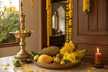 Vishu Kani display with fruits, flowers, and a lamp.
