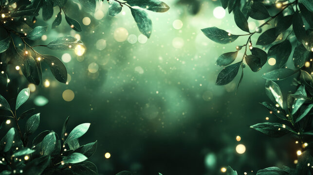 Green foliage with sparkling bokeh lights, a perfect Christmas or New Year background.