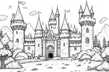 A grand castle rises majestically with multiple towers, flags, and intricate architectural details, nestled in a tranquil, natural setting.