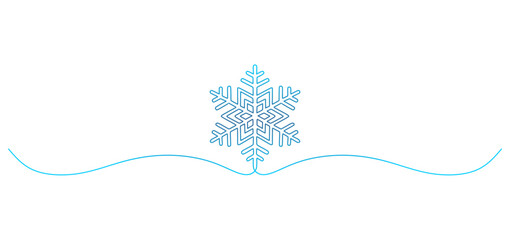 Minimalist blue line art illustration of a snowflake with geometric symmetry placed above a smooth decorative wave line. The clean, elegant design symbolizes winter, cold weather