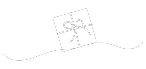 Minimalist black line art illustration of a gift box tied with a simple ribbon and bow, placed above a smooth decorative line. The clean and elegant continuous line style conveys simplicity 