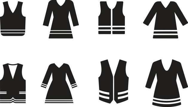 Clothing Icon Set – Black Dress and Vest Fashion Symbol Vector Collection