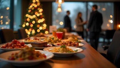 A festive table with food and drinks set in front of a decorated Christmas tree at an office holiday party