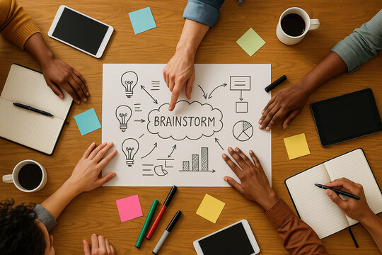 Collaborative Brainstorming Session: Diverse Team Generates Ideas and Develops Strategic Plans
