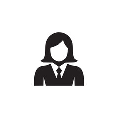 A simple black and white icon of a woman in a suit and tie on a white background in a minimalist style
