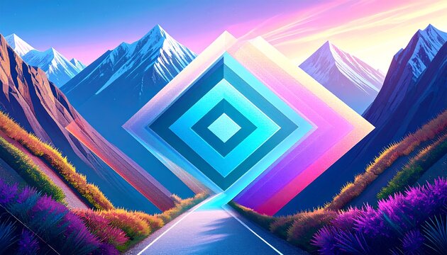 Vibrant, abstract landscape with a geometric focal point